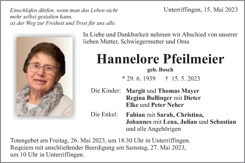  Traueranzeige für Hannelore Pfeilmeier vom 22.05.2023 aus Schwäbische Post