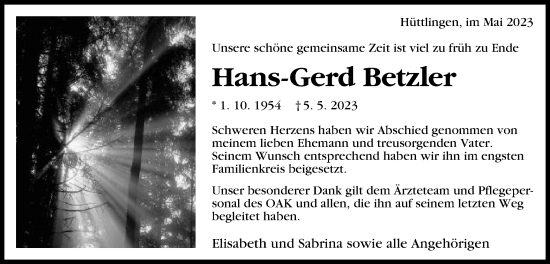 Traueranzeige von Hans-Gerd Betzler von Schwäbische Post