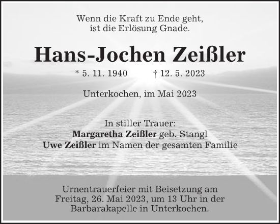 Traueranzeige von Hans-Jochen Zeißler von Schwäbische Post