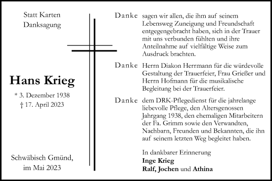 Traueranzeige von Hans Krieg von Gmünder Tagespost