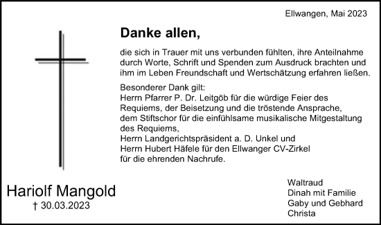 Traueranzeige von Hariolf Mangold von Schwäbische Post