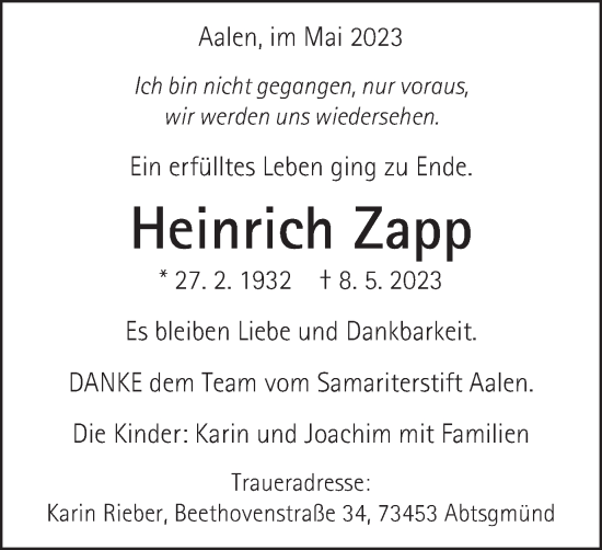 Traueranzeige von Heinrich Zapp von Schwäbische Post