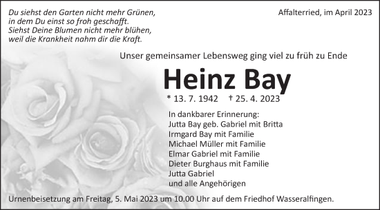 Traueranzeige von Heinz Bay von Schwäbische Post
