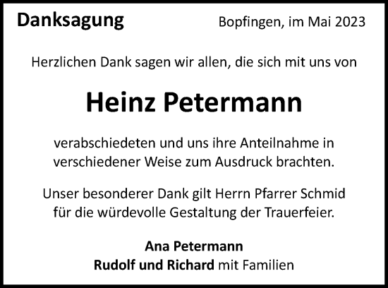 Traueranzeige von Heinz Petermann von Bopfinger Stadtanzeiger