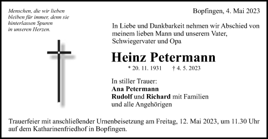 Traueranzeige von Heinz Petermann von Schwäbische Post