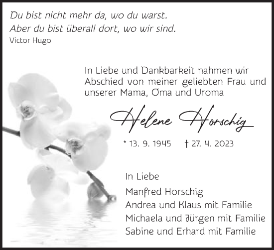Traueranzeige von Helene Horschig von Schwäbische Post