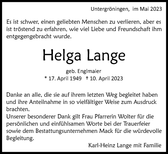 Traueranzeige von Helga Lange von Kocher-Lein-Bote