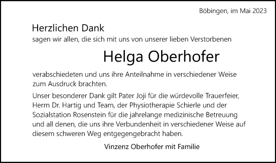 Traueranzeige von Helga Oberhofer von Gmünder Tagespost