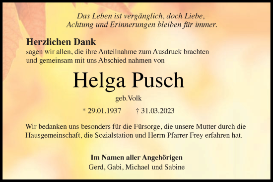Traueranzeige von Helga Pusch von Schwäbische Post