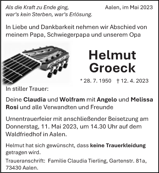 Traueranzeige von Helmut Groeck von Schwäbische Post