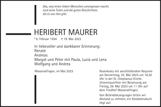 Traueranzeige von Heribert Maurer von Schwäbische Post
