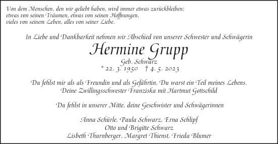 Traueranzeige von Hermine Grupp von Schwäbische Post