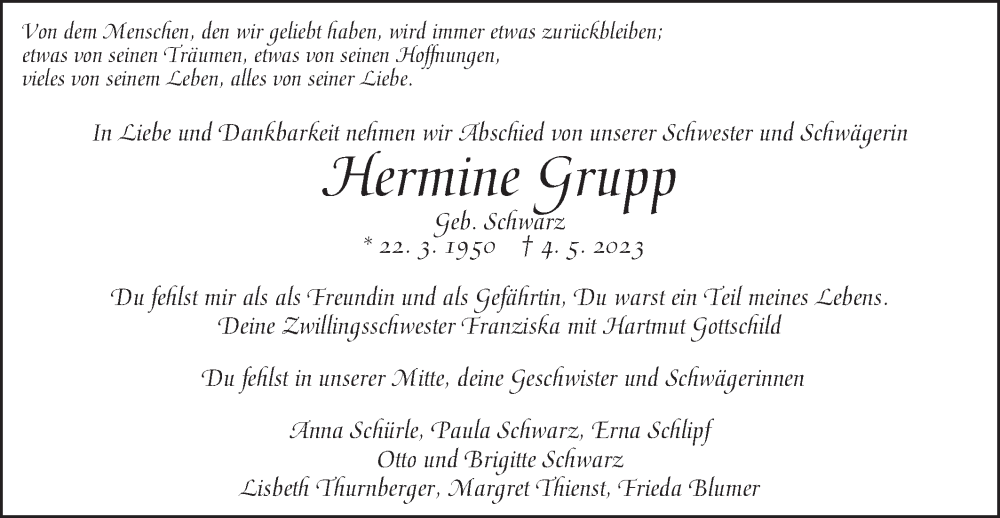  Traueranzeige für Hermine Grupp vom 13.05.2023 aus Schwäbische Post