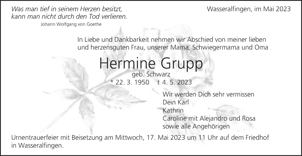  Traueranzeige für Hermine Grupp vom 13.05.2023 aus Schwäbische Post