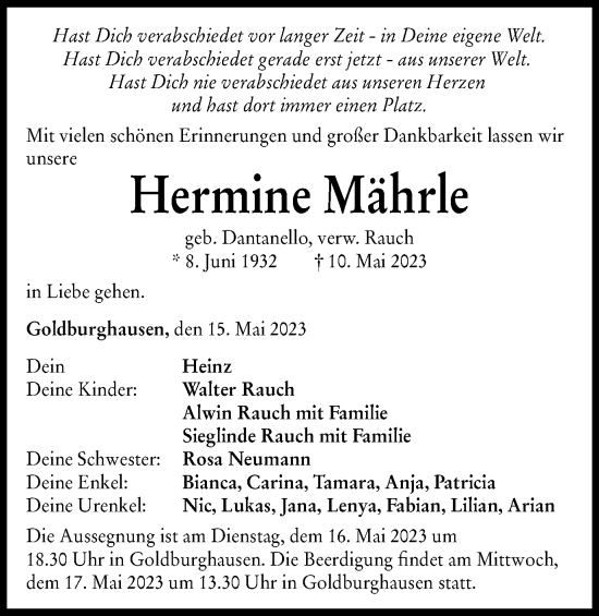 Traueranzeige von Hermine Mährle von Schwäbische Post