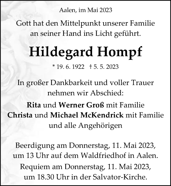 Traueranzeige von Hildegard Hompf von Schwäbische Post