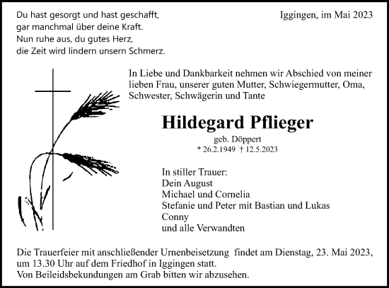 Traueranzeige von Hildegard Pflieger von Gmünder Tagespost