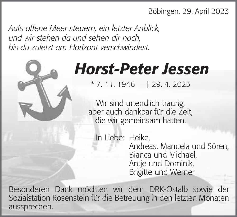  Traueranzeige für Horst-Peter Jessen vom 03.05.2023 aus Gmünder Tagespost