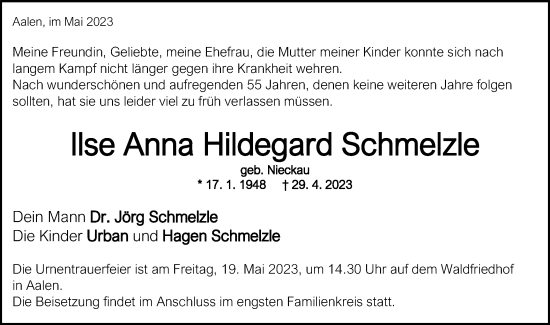Traueranzeige von Ilse Anna Hildegard Schmelzle von Schwäbische Post