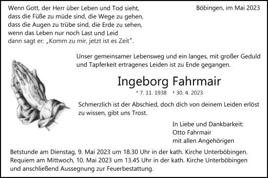 Traueranzeige von Ingeborg Fahrmair von Gmünder Tagespost