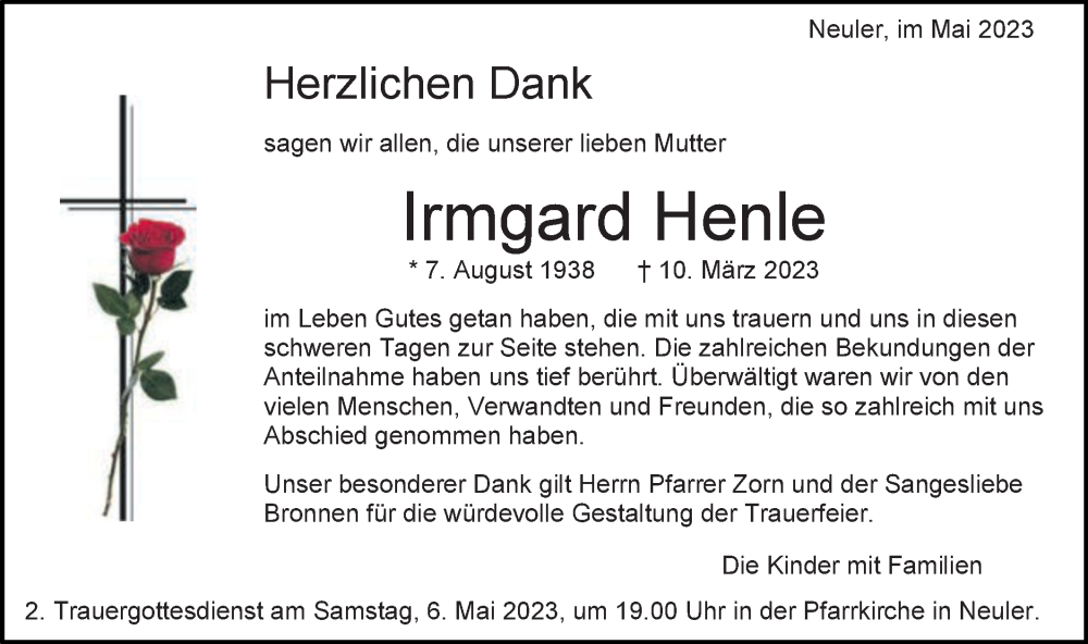  Traueranzeige für Irmgard Henle vom 03.05.2023 aus Schwäbische Post