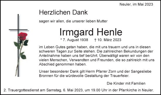 Traueranzeige von Irmgard Henle von Schwäbische Post