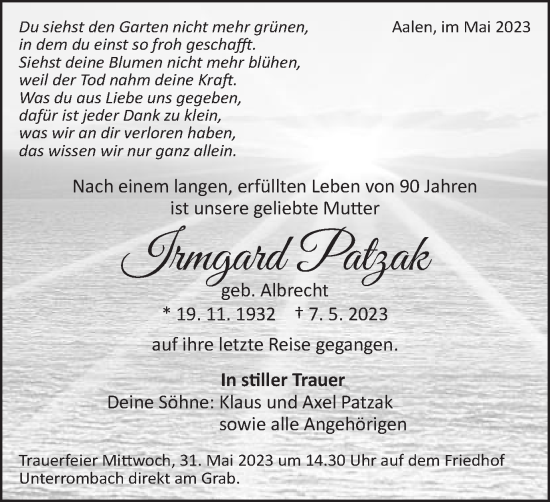 Traueranzeige von Irmgard Patzak von Schwäbische Post