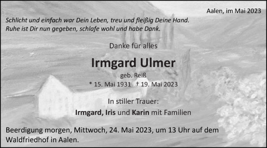 Traueranzeige von Irmgard Ulmer von Schwäbische Post