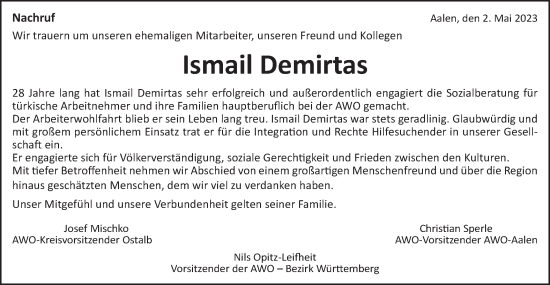 Traueranzeige von Ismail Demirtas von Schwäbische Post