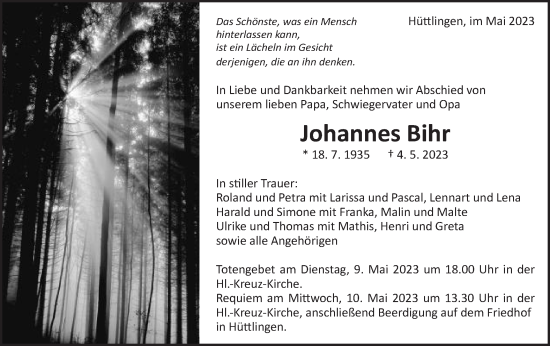 Traueranzeige von Johannes Bihr von Schwäbische Post