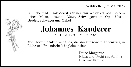 Traueranzeige von Johannes Kauderer von Gmünder Tagespost