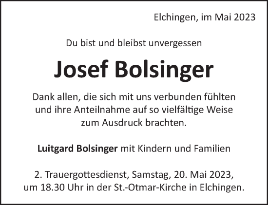 Traueranzeige von Josef Bolsinger von Schwäbische Post