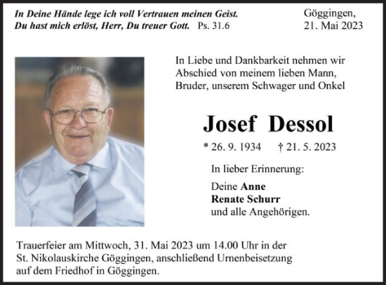 Traueranzeige von Josef Dessol von Gmünder Tagespost
