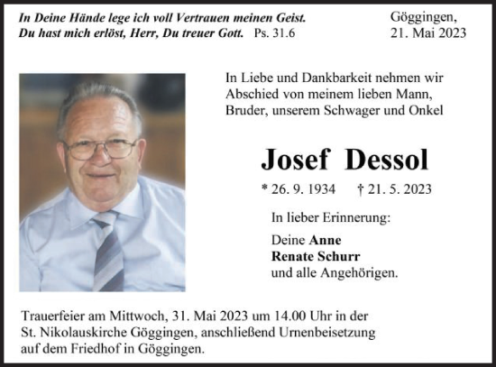 Traueranzeige von Josef Dessol