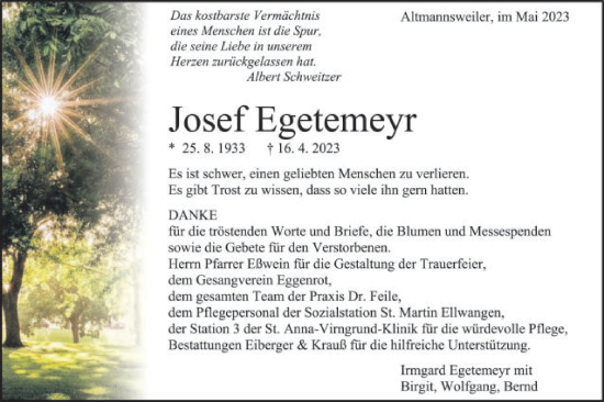 Traueranzeige von Josef Egetemeyr von Schwäbische Post