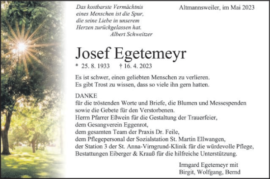 Traueranzeige von Josef Egetemeyr