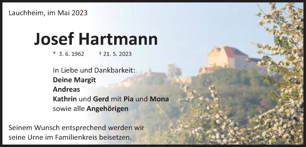  Traueranzeige für Josef Hartmann vom 27.05.2023 aus Schwäbische Post
