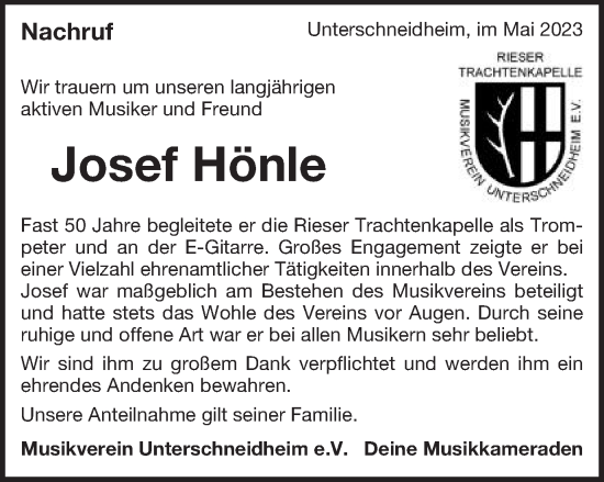 Traueranzeige von Josef Hönle von Schwäbische Post