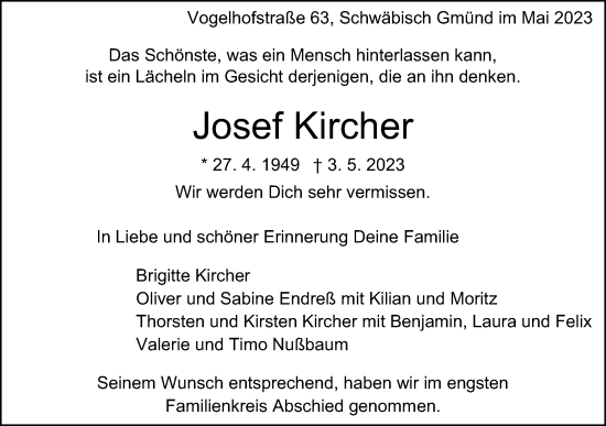 Traueranzeige von Josef Kircher von Gmünder Tagespost