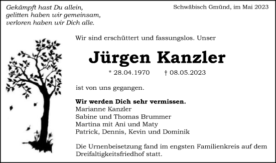 Traueranzeige von Jürgen Kanzler von Gmünder Tagespost