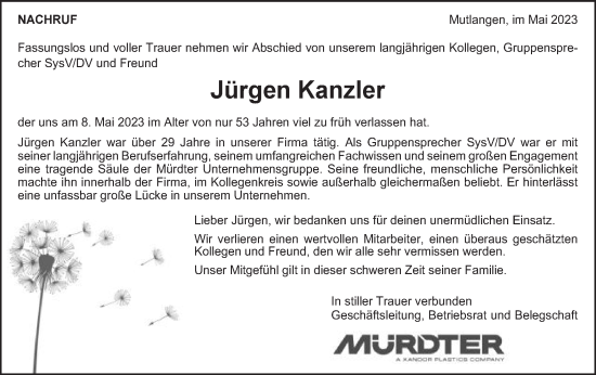 Traueranzeige von Jürgen Kanzler von Gmünder Tagespost