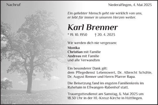Traueranzeige von Karl Brenner von Schwäbische Post