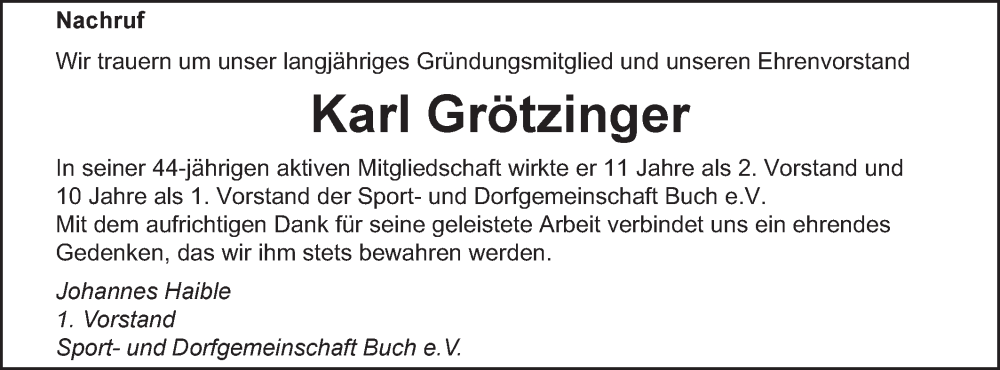  Traueranzeige für Karl Grötzinger vom 13.05.2023 aus Gmünder Tagespost