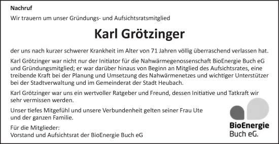 Traueranzeige von Karl Grötzinger von Gmünder Tagespost
