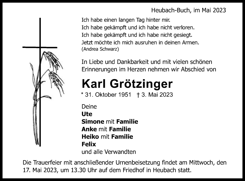  Traueranzeige für Karl Grötzinger vom 13.05.2023 aus Gmünder Tagespost