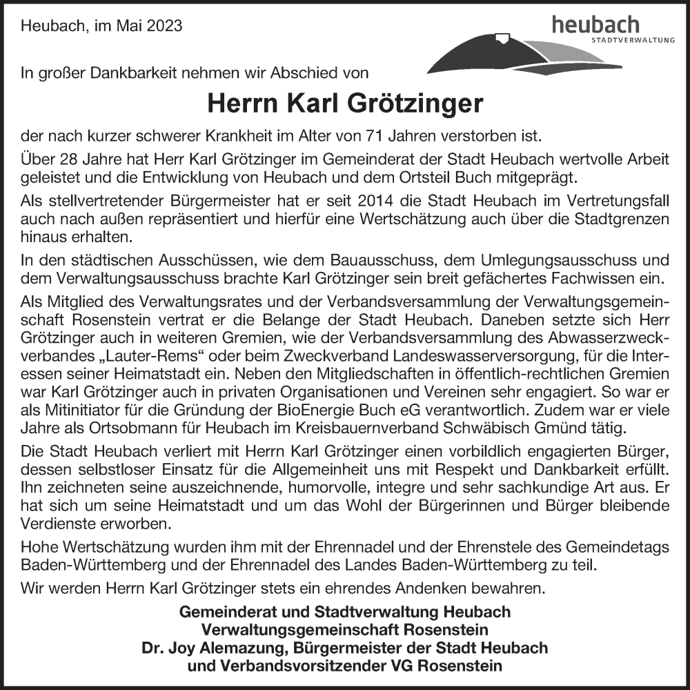  Traueranzeige für Karl Grötzinger vom 13.05.2023 aus Gmünder Tagespost