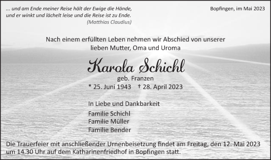 Traueranzeige von Karola Schichl von Schwäbische Post