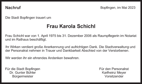 Traueranzeige von Karola Schichl von Bopfinger Stadtanzeiger