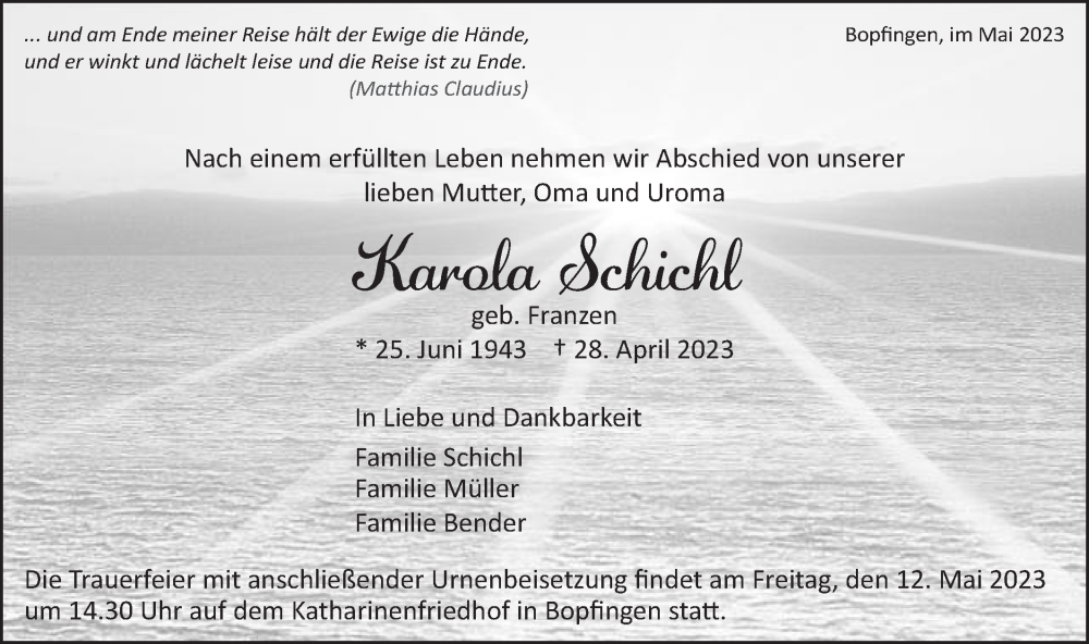  Traueranzeige für Karola Schichl vom 09.05.2023 aus Schwäbische Post
