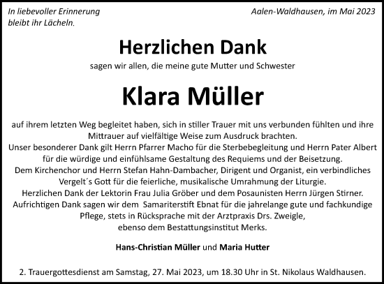Traueranzeige von Klara Müller von Schwäbische Post